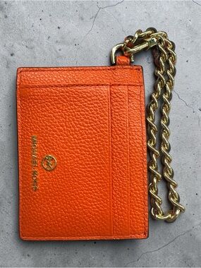 Michael Kors Orange Pebbled Leather Card Case with Gold Chain Strap